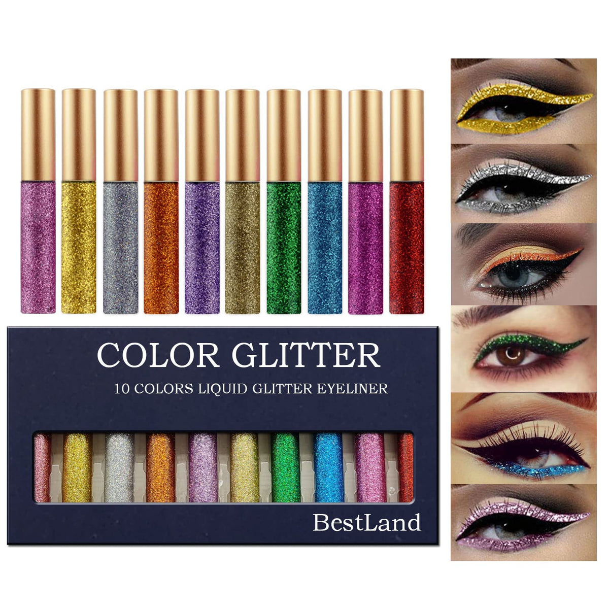 BestLand front packaging displaying all ten glitter eyeliner shades and benefits