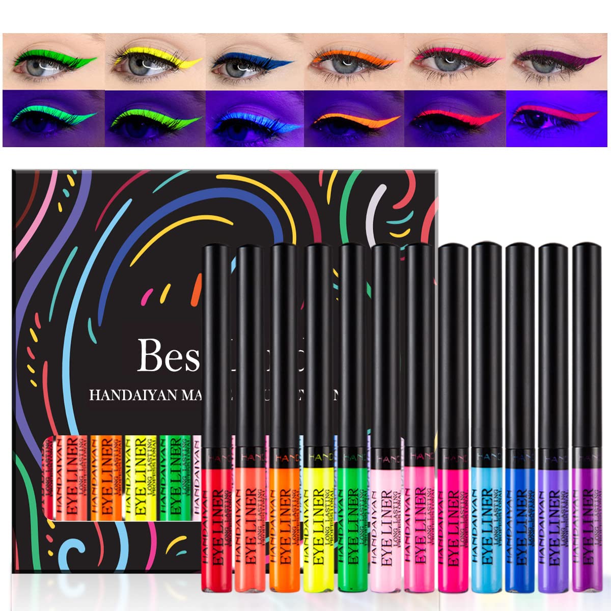 BestLand eyeliners glowing under UV blacklight for festival visibility