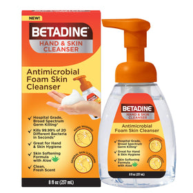 betadine foam pump front showing bottle and pump for easy dispensing benefit