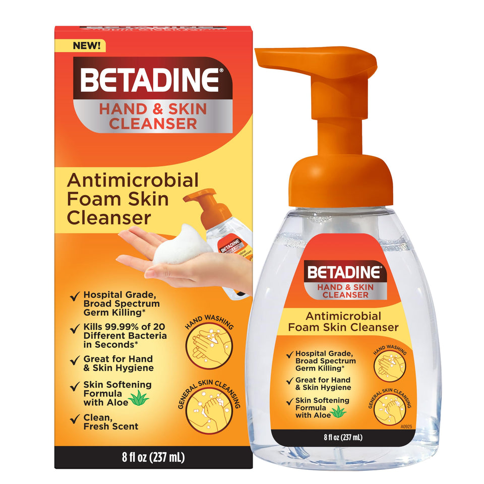 betadine foam pump front showing bottle and pump for easy dispensing benefit
