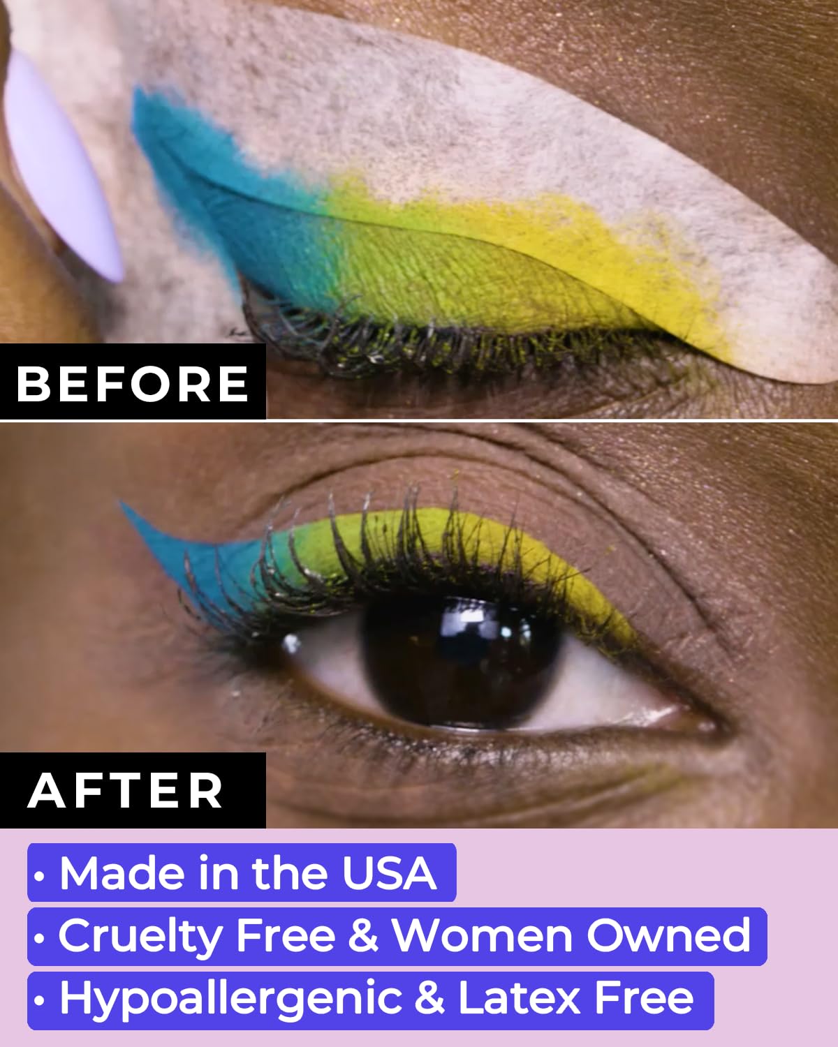 Beth Bender Beauty stencil applied on eyelid demonstrating secure fit and cleaner wing benefit