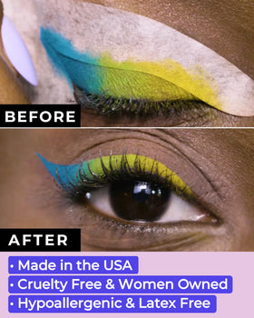 Beth Bender Beauty stencil applied on eyelid demonstrating secure fit and cleaner wing benefit