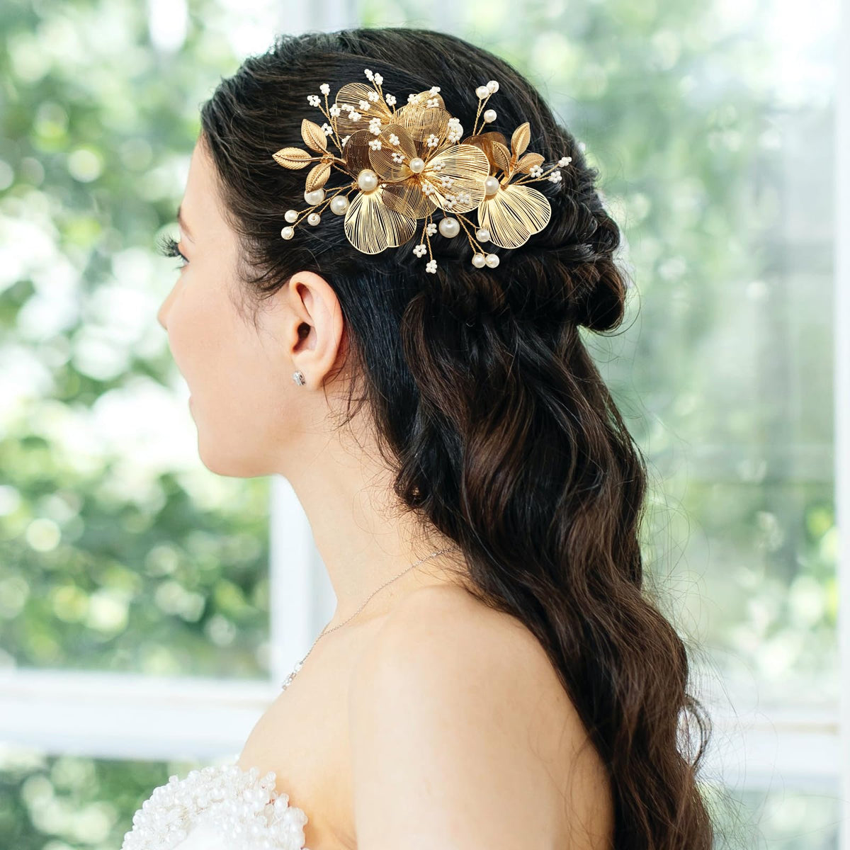 BETITETO closeup of faux pearls and wired metal flower benefit: handcrafted detail