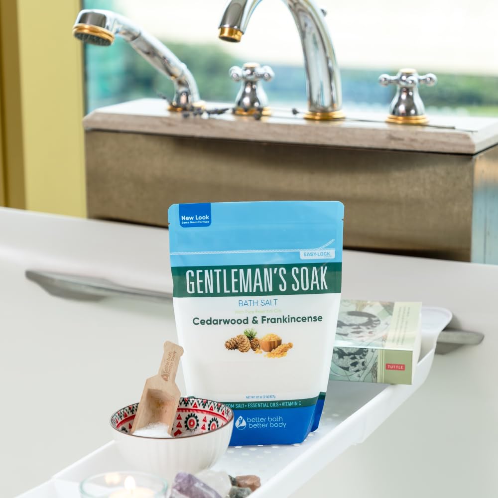 Better Bath Better Body pouch on bathroom shelf highlighting convenient packaging
