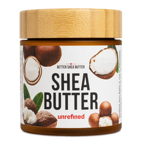 Better Shea Butter front jar showing label and 8 oz package advantage