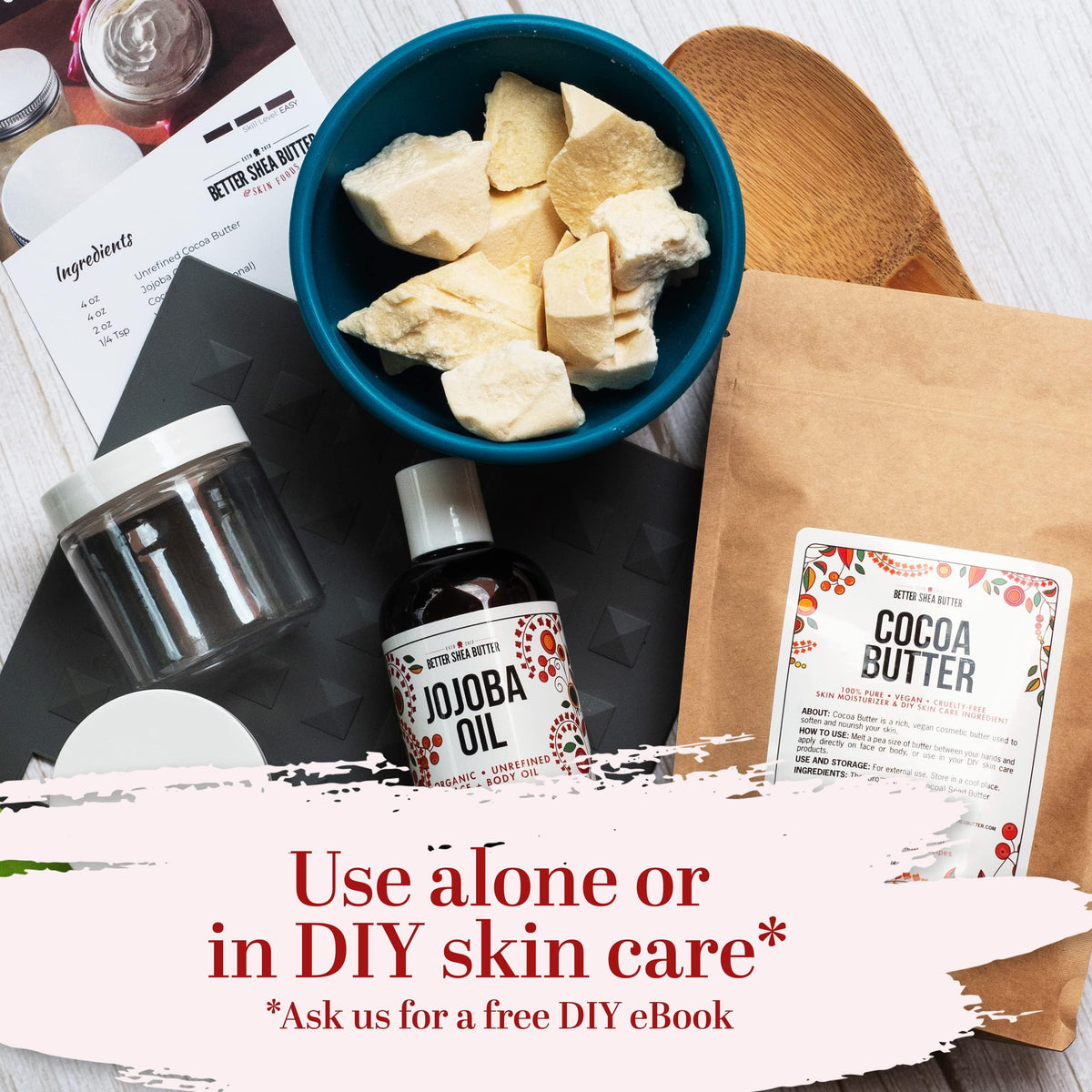Better Shea Butter scooped into jar applied on skin demonstrating moisturizing effect