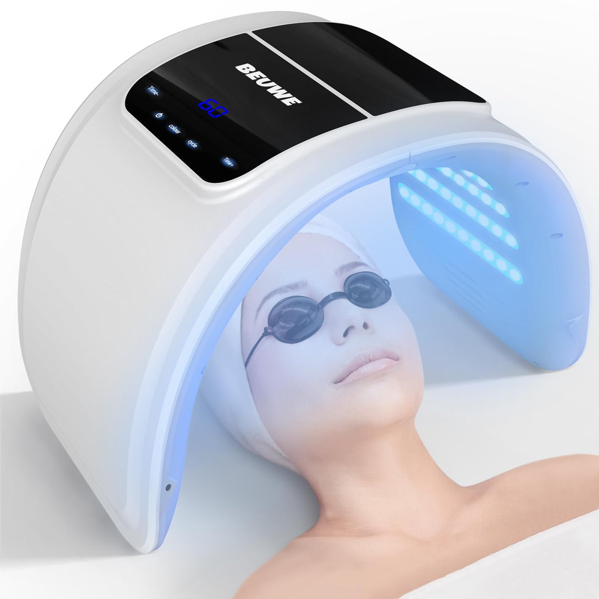 Beuwe front view of LED face mask showing full coverage and comfortable fit