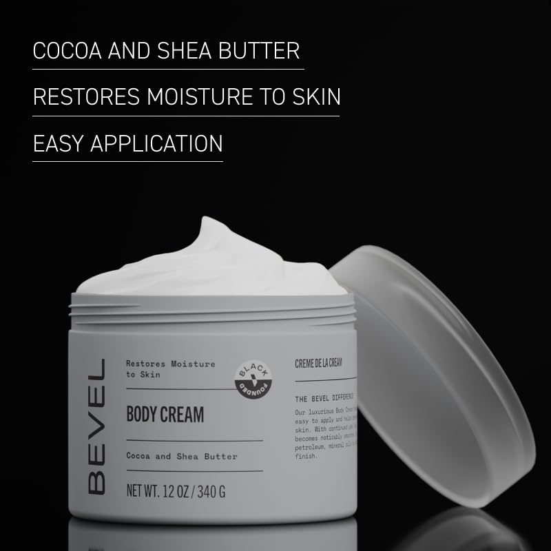 Bevel body cream next to everyday items showing 12 oz size and portability