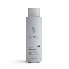 Bevel body wash front packaging showing dark cassis scent and bottle design benefits clarity