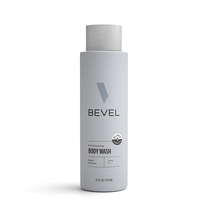 Bevel body wash front packaging showing dark cassis scent and bottle design benefits clarity