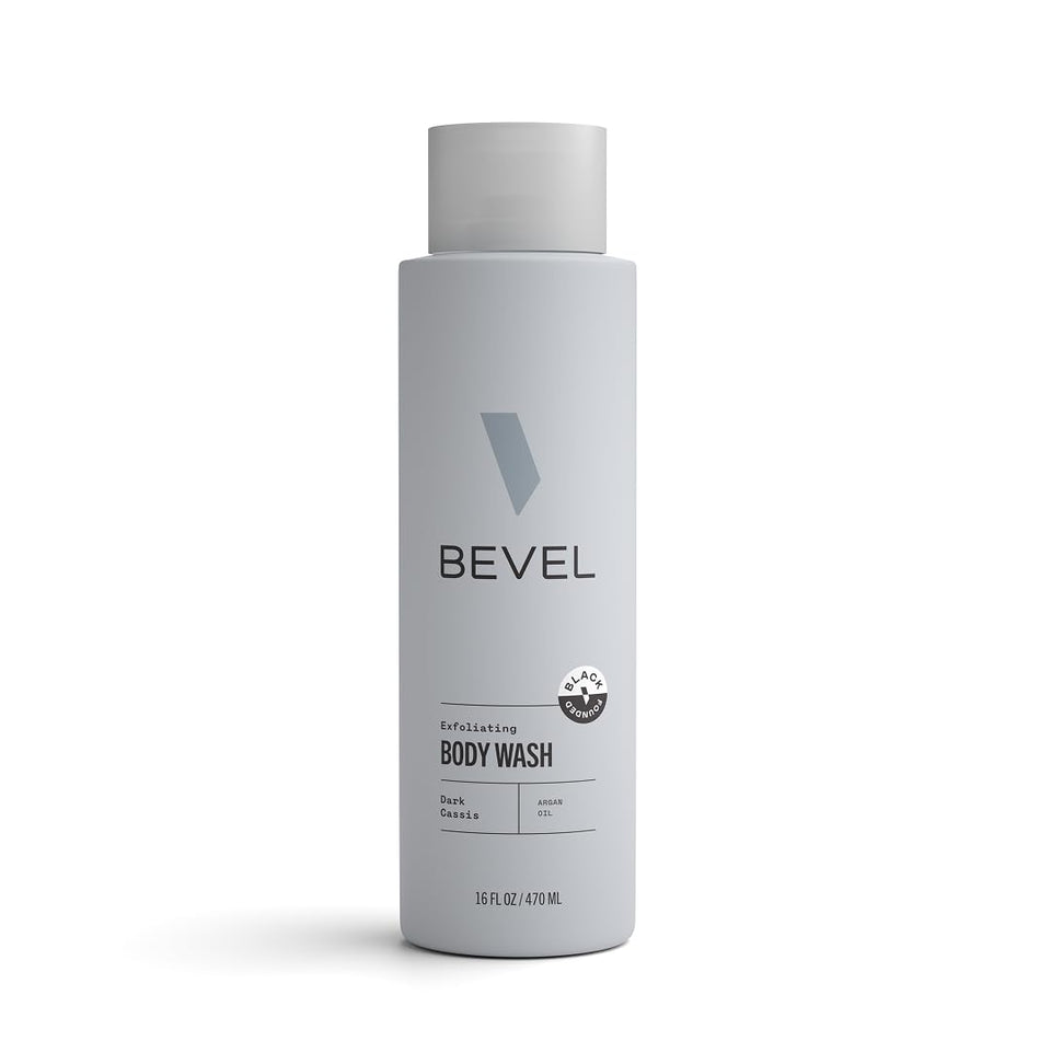 Bevel body wash front packaging showing dark cassis scent and bottle design benefits clarity