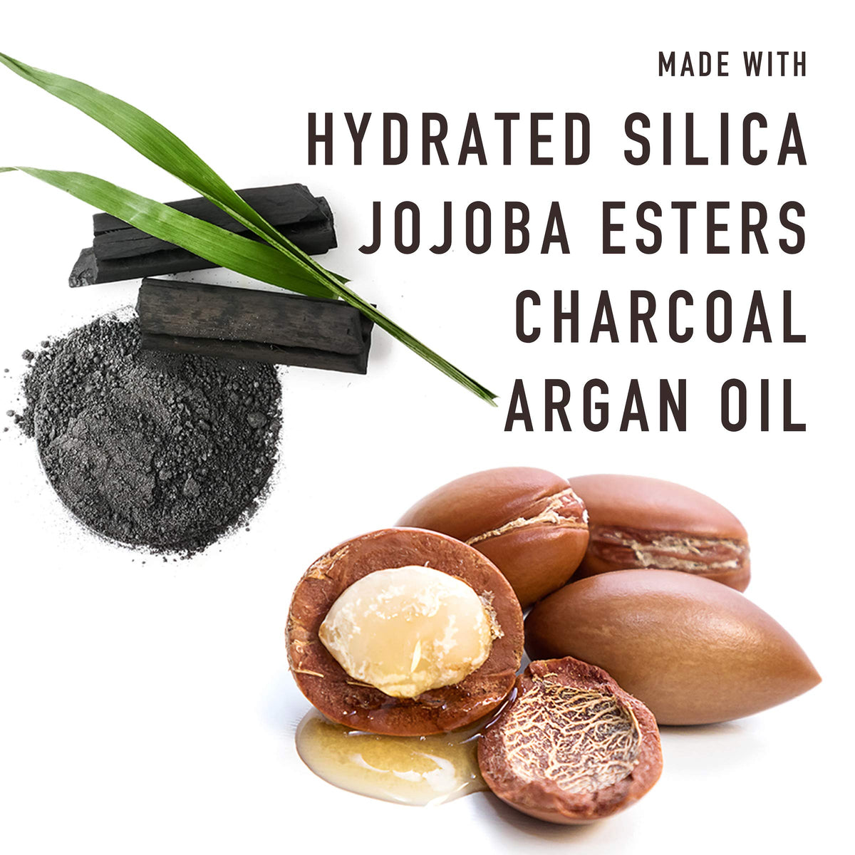 Bevel body wash ingredient label close-up showing charcoal and argan oil benefits