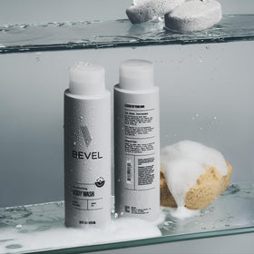 Bevel body wash size comparison 16 oz next to common toiletry showing value and scale benefit