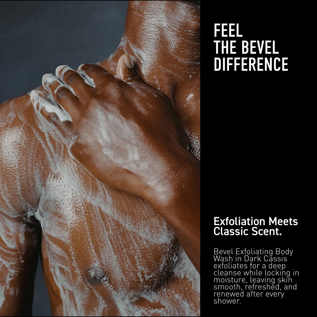 Bevel body wash texture close-up highlighting exfoliating granules and smooth lather benefit