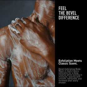 Bevel body wash texture close-up highlighting exfoliating granules and smooth lather benefit