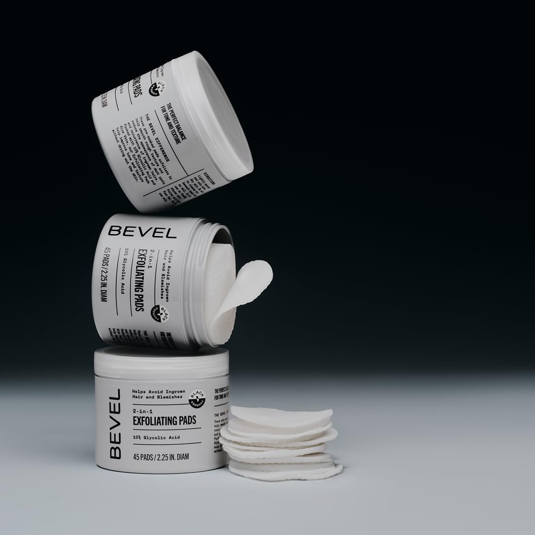 Bevel pads staged in bathroom routine to show integration with shaving and moisturizing steps