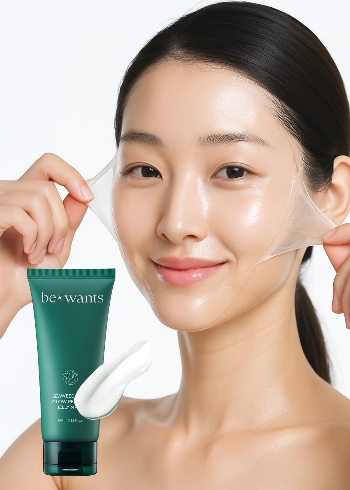 BE+WANTS front packaging showing seaweed PDRN mask and branding, highlights product identity