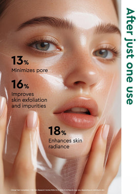 BE+WANTS mask applied on model face demonstrating even coverage and pore cleansing effect