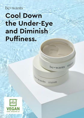 BE+WANTS patch applied under eye demonstrating instant cooling and de-puffing