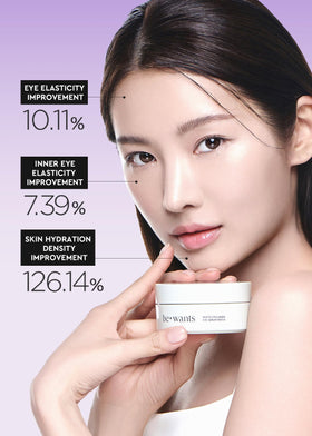 BE+WANTS clear serum droplet on fingertip showing bamboo water hydration