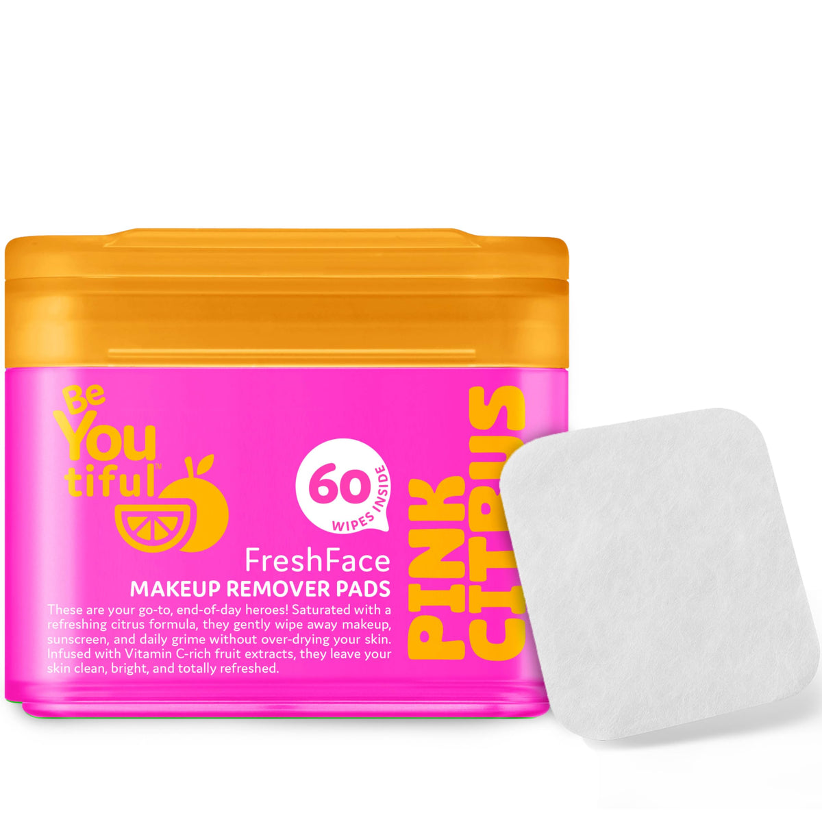 BeYoutiful front jar showing 60 pads and citrus design, quick cleansing benefit