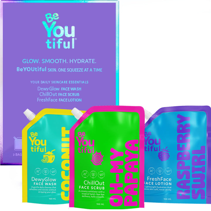 BeYoutiful front packaging showing three color-coded pouches and benefits