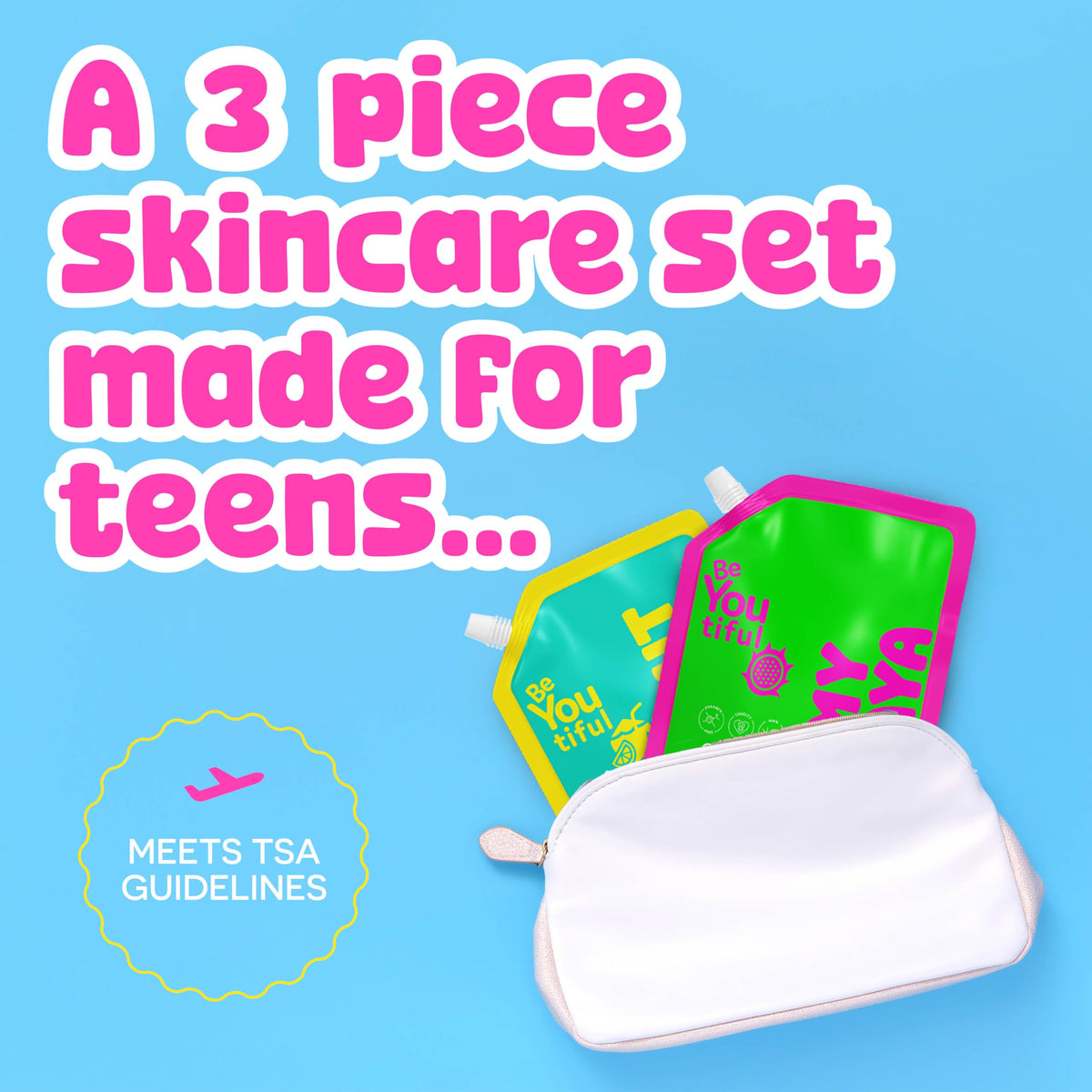 BeYoutiful pouch close-up with label and texture highlighting gentle formula