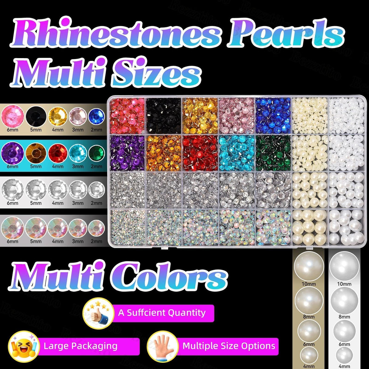 Bezztito close-up of colorful resin rhinestones highlighting bright reflective shine