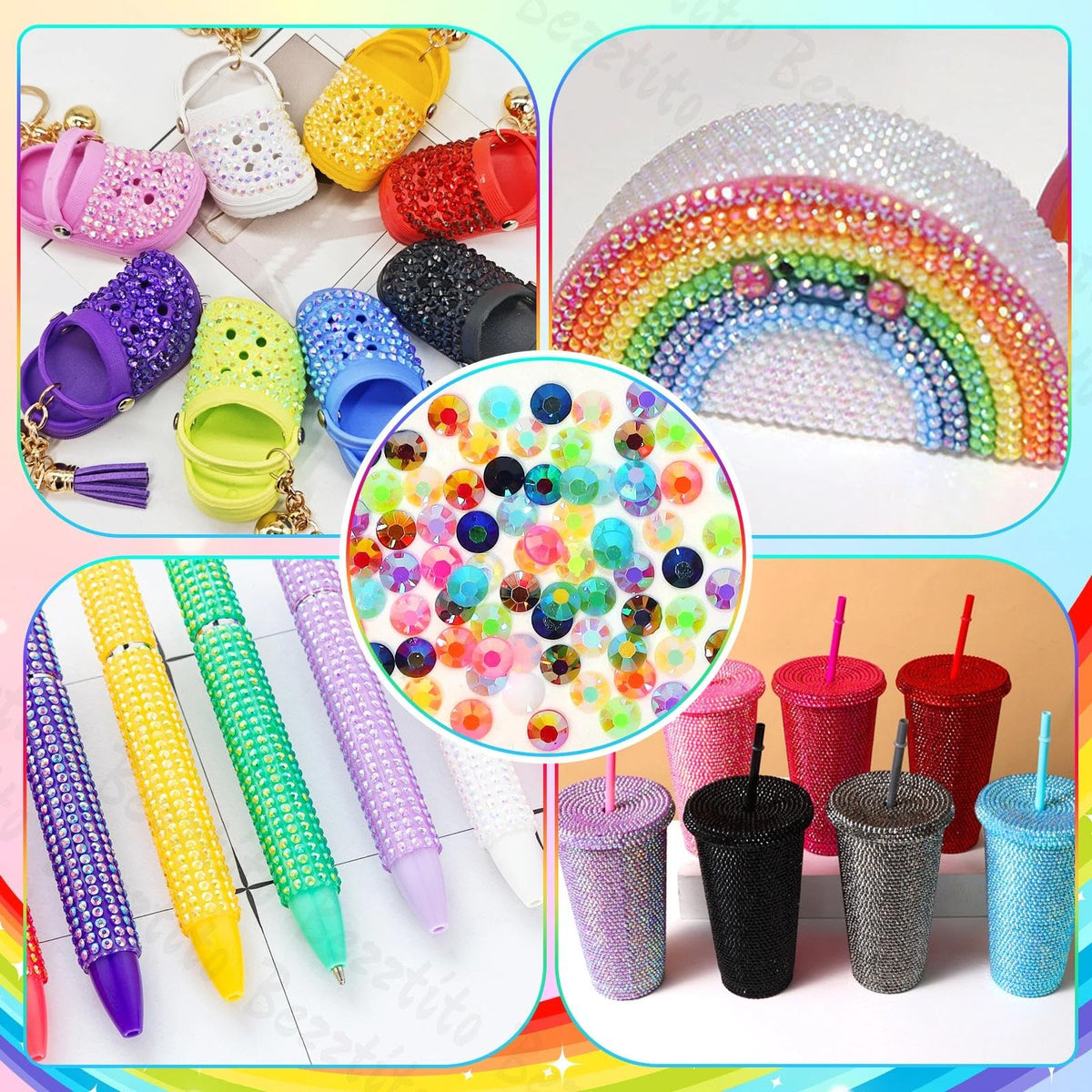 bezztito assorted colorful gems spread out, offering wide palette for creative projects
