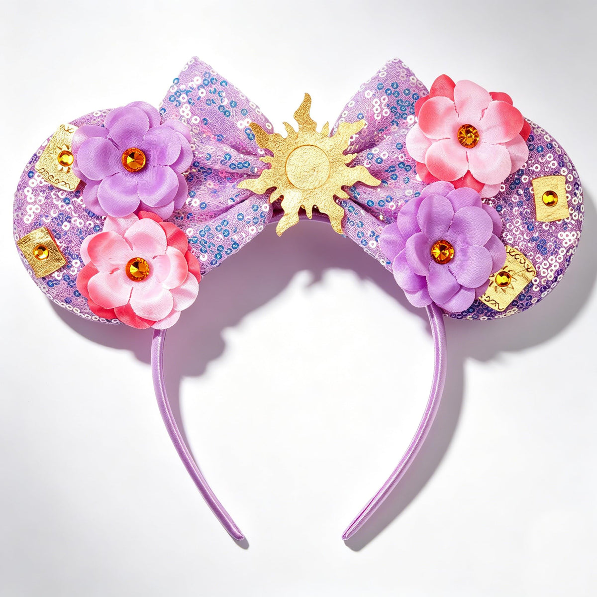 bianbaistar front view showing purple sequin ears and bow, eye-catching accessory
