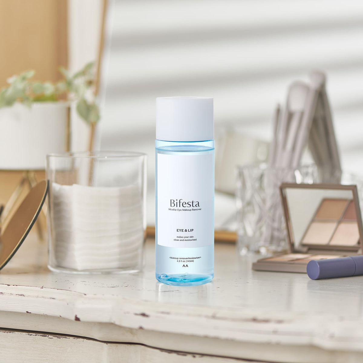 Bifesta on bathroom vanity in use showing quick makeup removal convenience