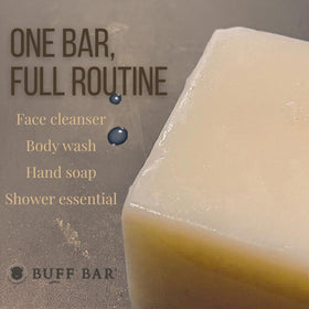 Big Crazy Buffalo bar beside razor showing smooth shave glide and comfort