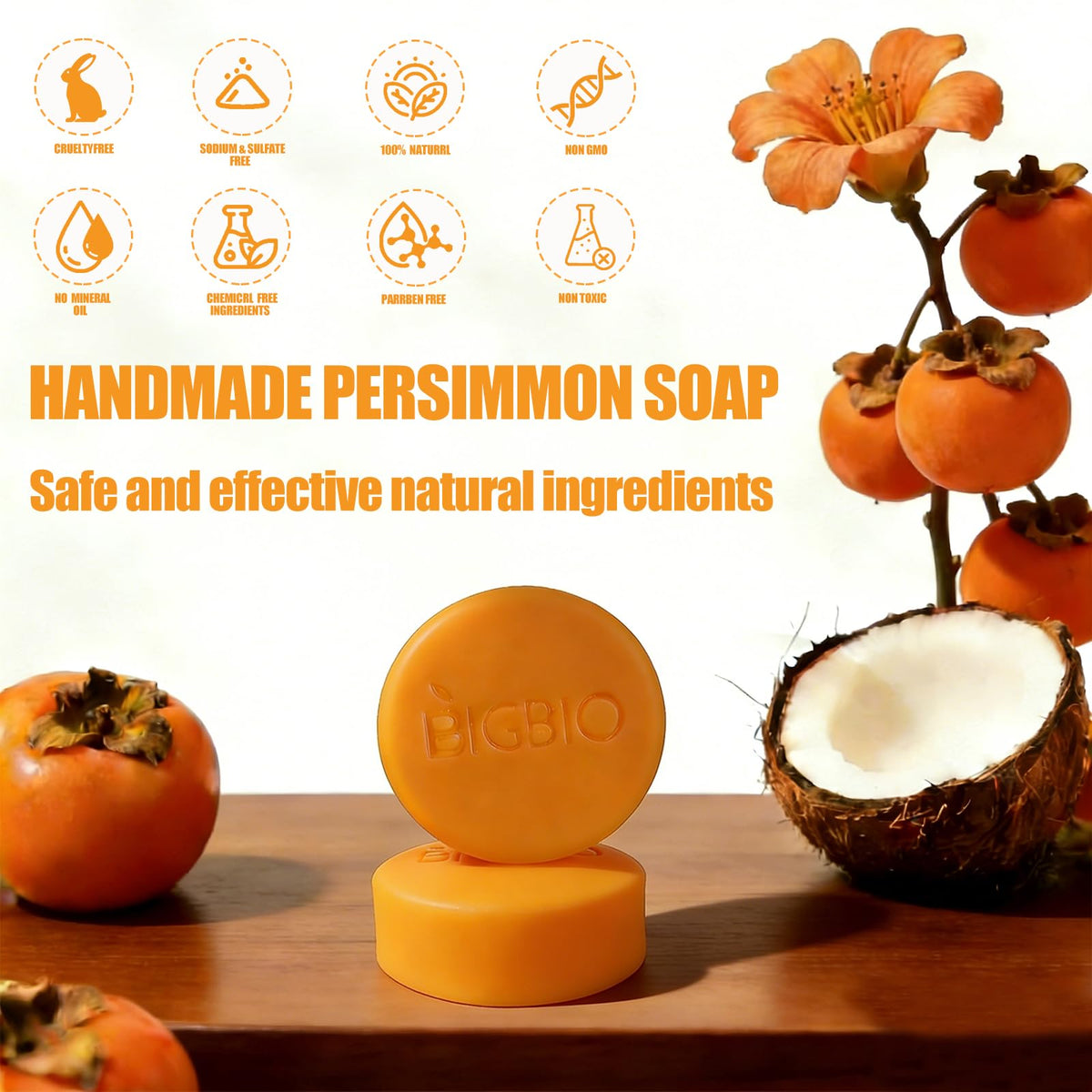 BIGBIO persimmon and coconut ingredients staged with bars, emphasizes natural formulation