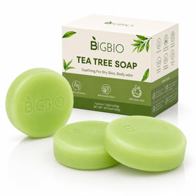 BIGBIO front packaging showing three tea tree soap bars and benefits
