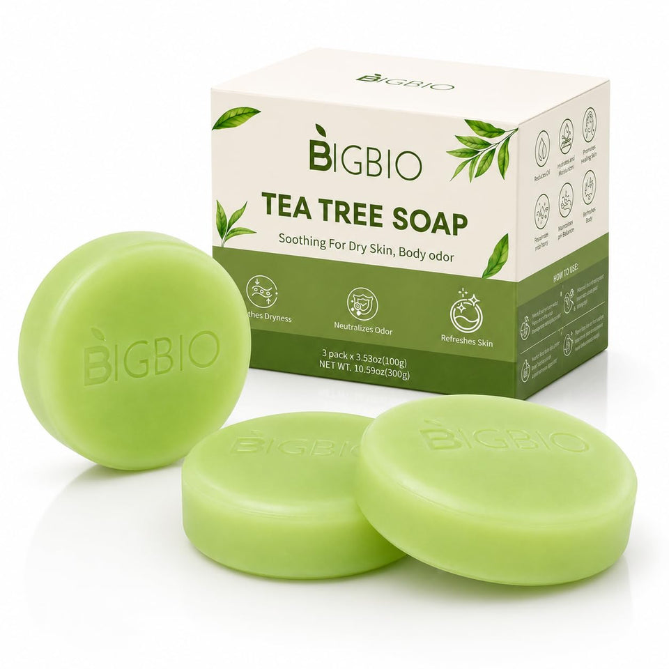 BIGBIO front packaging showing three tea tree soap bars and benefits