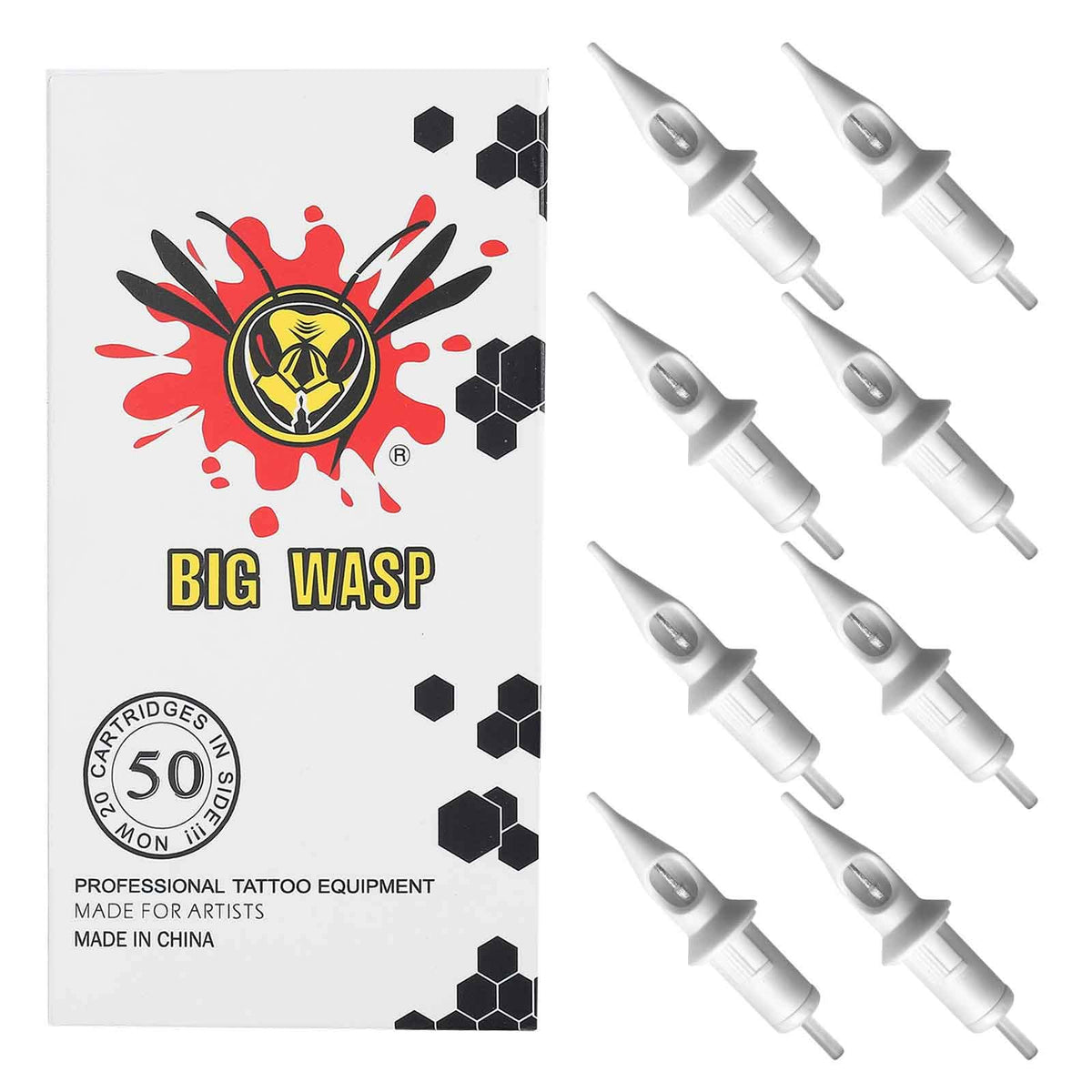 BIGWASP front packaging showing 50pcs assorted cartridge pack and clear labeling
