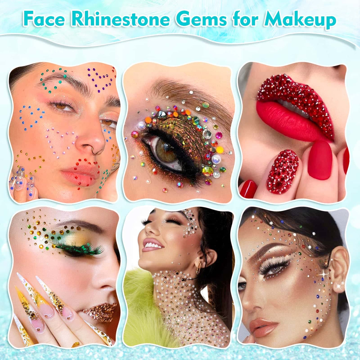 Billbotk rhinestones applied to model forehead and cheek showing long-lasting shine