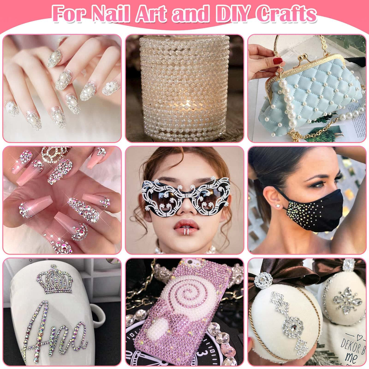 Billbotk rhinestones on nail and craft project, illustrates multi-surface use