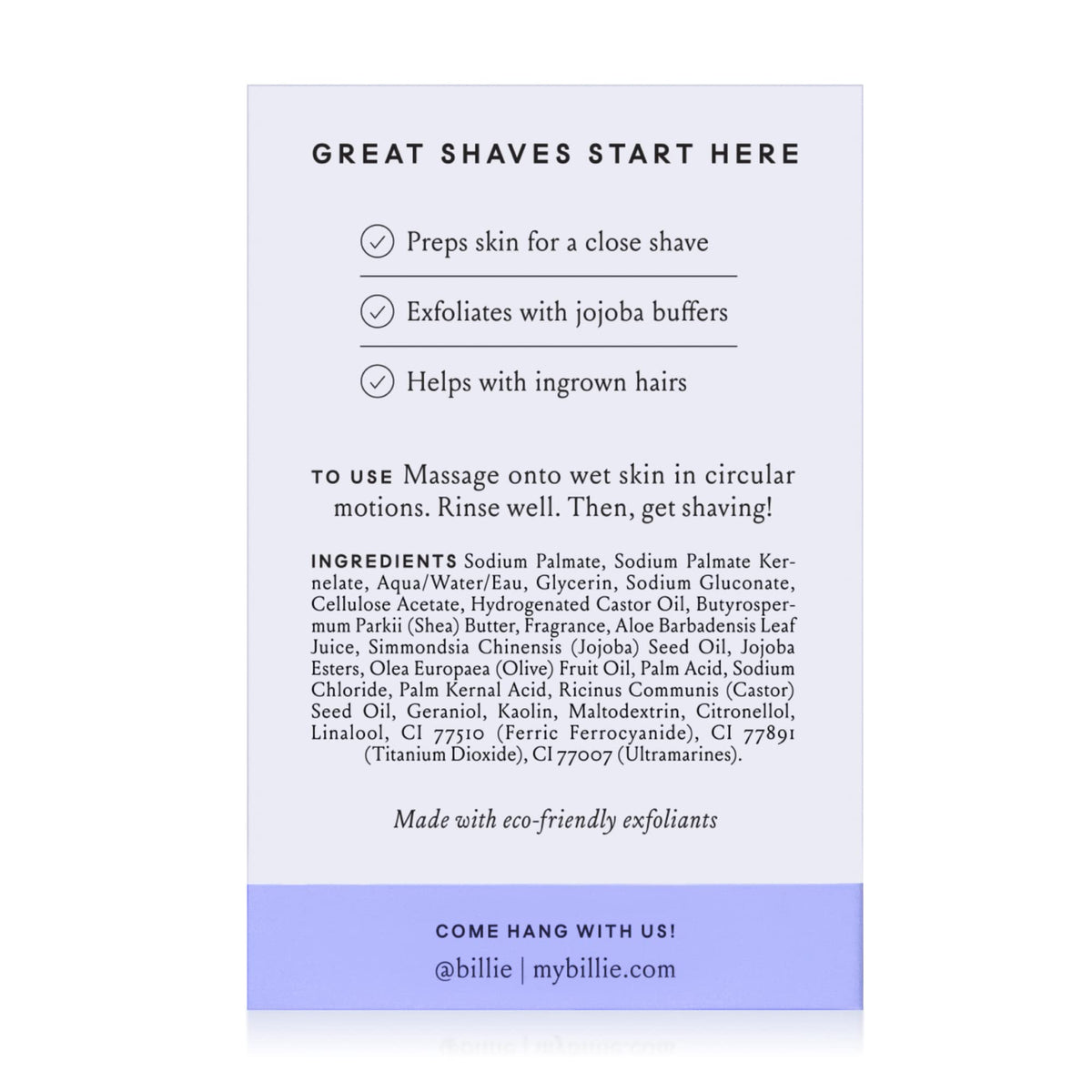 Billie Body Buffer ingredient label highlighting shea butter and aloe for soothing