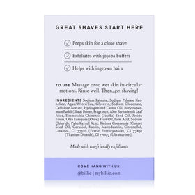 Billie Body Buffer ingredient label highlighting shea butter and aloe for soothing