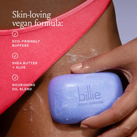 Billie Body Buffer lather in hand illustrating gentle scrub and moisturizing texture