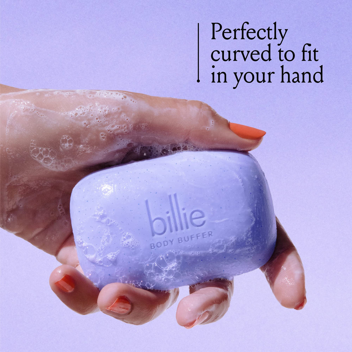 Billie Body Buffer size scale with hand indicating compact 3.5 oz travel-friendly size