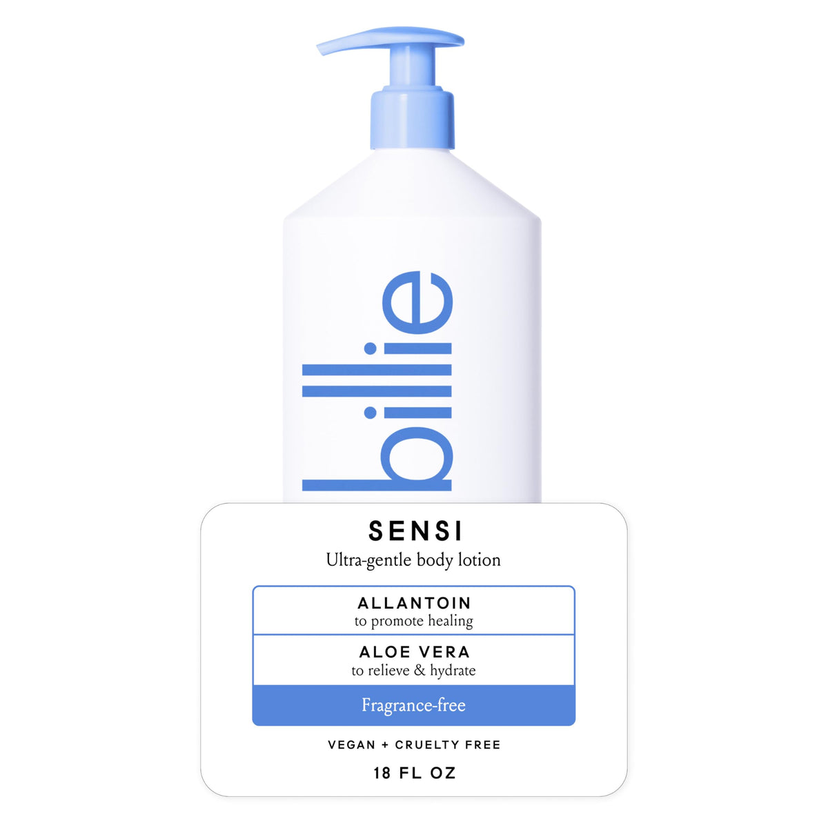 Billie front bottle showing label and gentle fragrance-free benefit