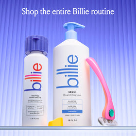 Billie ingredient label close-up showing clean, sensitive-friendly formula