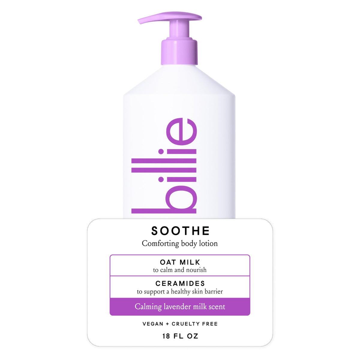 Billie soothe front packaging showing 18oz bottle and label benefit