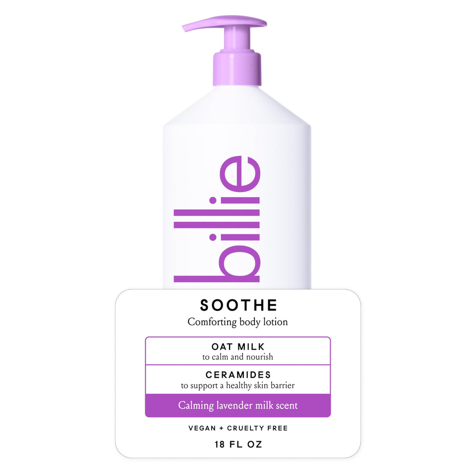Billie soothe front packaging showing 18oz bottle and label benefit