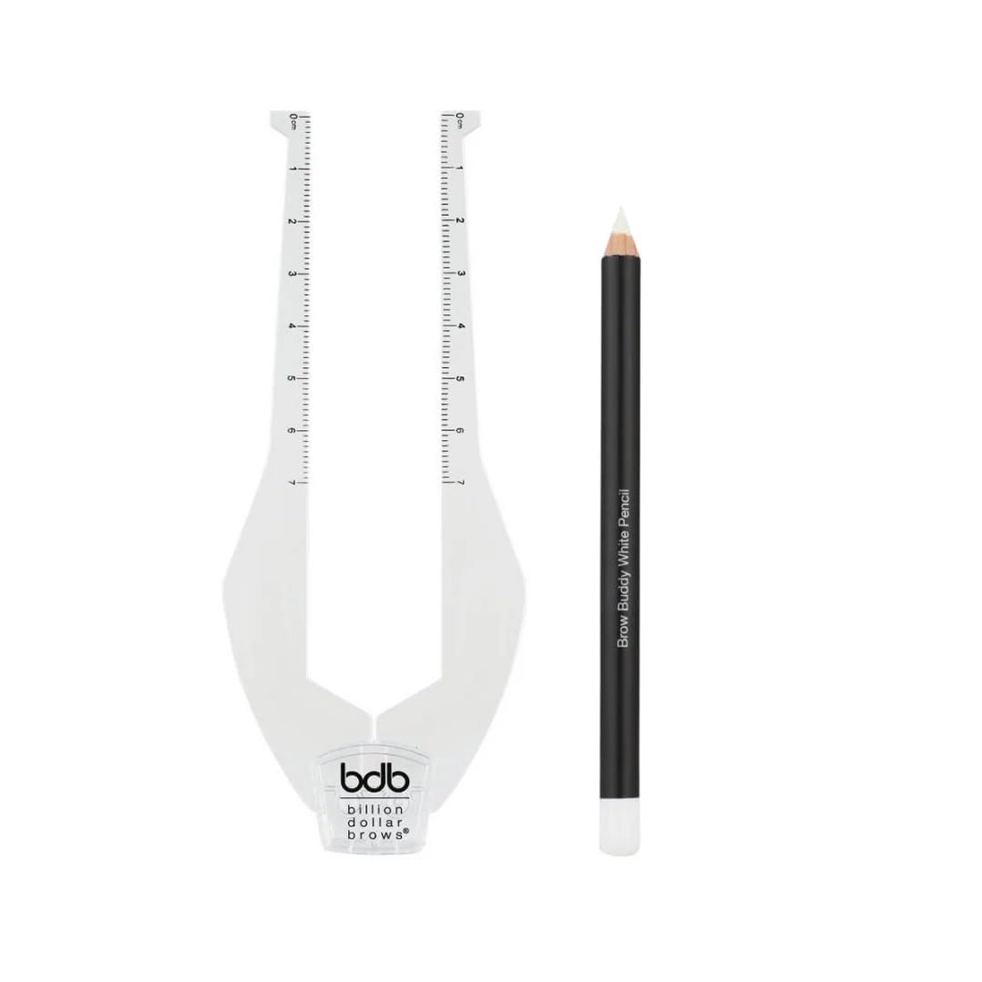 billion dollar brows Brow Buddy front view showing tool and pencil for precise shaping