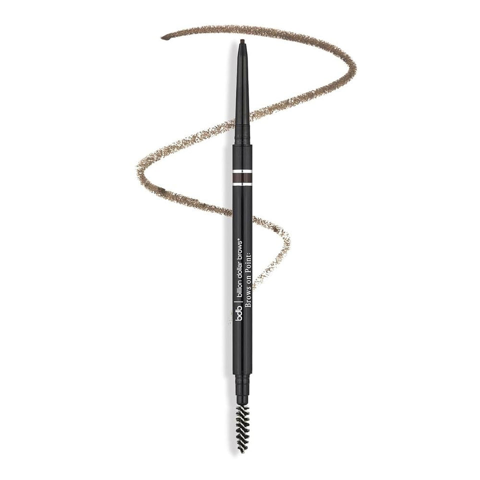 billion dollar brows pencil front view showing slim taupe finish and branding
