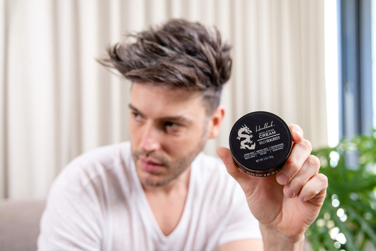 Billy Jealousy styled dry hair with windswept matte texture and volume