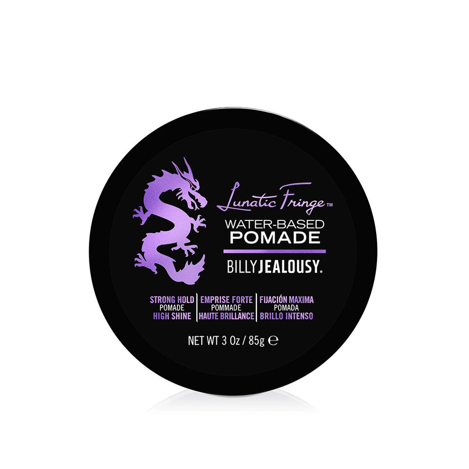 Billy Jealousy front jar showing strong hold pomade and glossy finish benefit